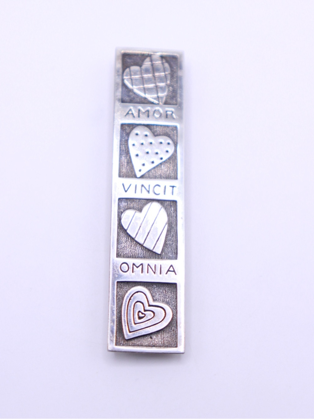 Vintage Sterling Silver 925 Amor Vincit Omnia Heart Bar Brooch 18.15g 3”